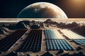 Solar panel on the moon lunar. Eco environmental solution for global warming. Space friendly green tech. Generative AI