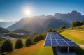 Solar panel system on a mountain slope on a sunny day. Solar panels, panels to generate energy from sunlight, energy