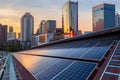 Solar Panel Photovoltaic installation on a Roof of factory, sunny blue sky background, alternative electricity source - Royalty Free Stock Photo