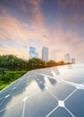 Solar Panel Photovoltaic installation with urban landscape landmarks, alternative electricity source