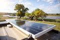 Solar panel on the roof of a camper van parked in nature