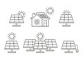 Solar panel separate and on house, accumulate sun energy, line icon set. Alternative electric generation from sunlight