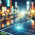 Solar panel with water droplets, cityscape, generative ai Royalty Free Stock Photo