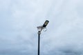 Solar panel small powered street light bulbs side walking street in park. Royalty Free Stock Photo