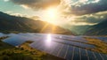 A solar panel stands in the midst of a field, harnessing the suns energy to generate clean and renewable power, Solar panels laid