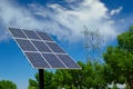 Solar Panel on a Sunny Day with High Tension Voltage Power Lines