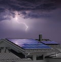 House with solar panels in thunderstorm