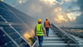 Solar panel technicians walking on a rooftop Royalty Free Stock Photo