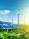 solar panel and two wind turbines on the ground Royalty Free Stock Photo