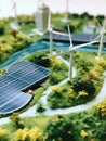 solar panel and two wind turbines on the ground Royalty Free Stock Photo