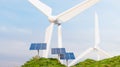 Solar panel and wind mill footage or wind turbines, electricity generator, green power and nature friendly technology and