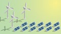 Solar panel and wind turbine, modern alternative sustainability with eco-friendly energy in isometric design Royalty Free Stock Photo