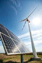 Solar Panel with Wind Turbine and Sunlight Royalty Free Stock Photo