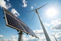 Solar Panel with Wind Turbine and Sunlight Royalty Free Stock Photo