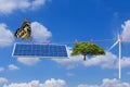 Solar panel and wind turbine and tree hanging on clothes line with butterfly