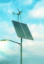 Solar panel, wind turbine under cloudy blue sky Royalty Free Stock Photo