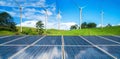 Solar panel and wind turbines farm on green hills. Royalty Free Stock Photo