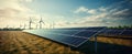 solar panelling and windmills in a field