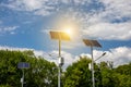 Solar panels above the highway to illuminate the road. Renewable energy with the help of the sun