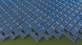 Solar panels in aerial view, rows array of polycrystalline silicon solar cells or photovoltaics in solar power plant floating on