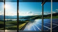 Solar panels array gleaming under sun seen from inside house by window
