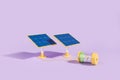 Solar panels and battery charging on purple background Royalty Free Stock Photo