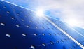 Solar panels on blue sky background. Photovoltaic cells of solar panel generating clean energy from the sun. 3d Royalty Free Stock Photo