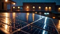 Solar panels installed on the roof of a building at night with the rain., generative ai