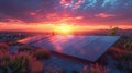 Solar panels capturing energy at sunset, with a vibrant sky and distant mountains Royalty Free Stock Photo