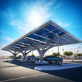 Solar panels carpark shade with cars and blue sky