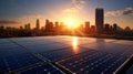 Solar panels with a city skyline in background, Sustainable and eco-friendly future