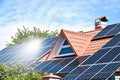 Solar panels, Close up shot of a solar panel array with blue sky, Solar panels on a roof for electric power generation