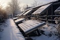 solar panels covered in snow, awaiting cleaning