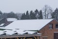 Solar panels covered in snow during snowy weather, dutch rooftops in winter season