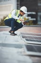 Solar panels, engineering and black man with tablet for construction, maintenance and inspection. Sustainability