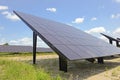 Solar panels in field with blue sky