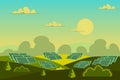 6Solar panels in field landscape background in flat cartoon style Royalty Free Stock Photo