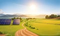 Solar panels in field landscape background. Green energy, renewable station, alternative power farm at meadow. Hills with trees. Royalty Free Stock Photo