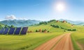 Solar panels in field landscape background. Green energy, renewable station, alternative power farm at meadow. Hills with trees. Royalty Free Stock Photo