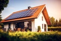 Solar panels on a gable roof. Beautiful, large modern house and solar energy. Rays of the sun. Vintage. Alternative Royalty Free Stock Photo