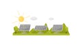 Solar panels on green grass. Pure solution. Electricity production. Alternative natural source of energy. Flat vector