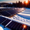 Solar panels, green renewable energy plant to generate electricity, home use in snow during winter Royalty Free Stock Photo