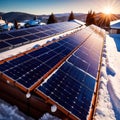 Solar panels, green renewable energy plant to generate electricity, home use in snow during winter Royalty Free Stock Photo