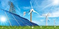 Solar Panels and a Group of Wind Turbines on a Green Meadow Royalty Free Stock Photo