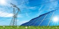 Solar Panels and a High Voltage Tower on a Green Meadow Royalty Free Stock Photo