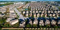 Solar panels Highview high above suburb neighborhood community new homes in Austin Texas living in the suburbs