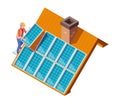 Solar panels installation. Worker making modern eco suny panel on roof renewable electricity systems vector isometric