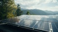 Solar panels installed in a natural area with mountains and trees.Modern technology in harsh environment. Generative AI