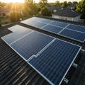 Solar panels are installed on a residential roof, composed of multiple rectangular Royalty Free Stock Photo