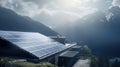 Solar panels installed on the roof of a small building, in a remote area with mountains and forests. Generative AI